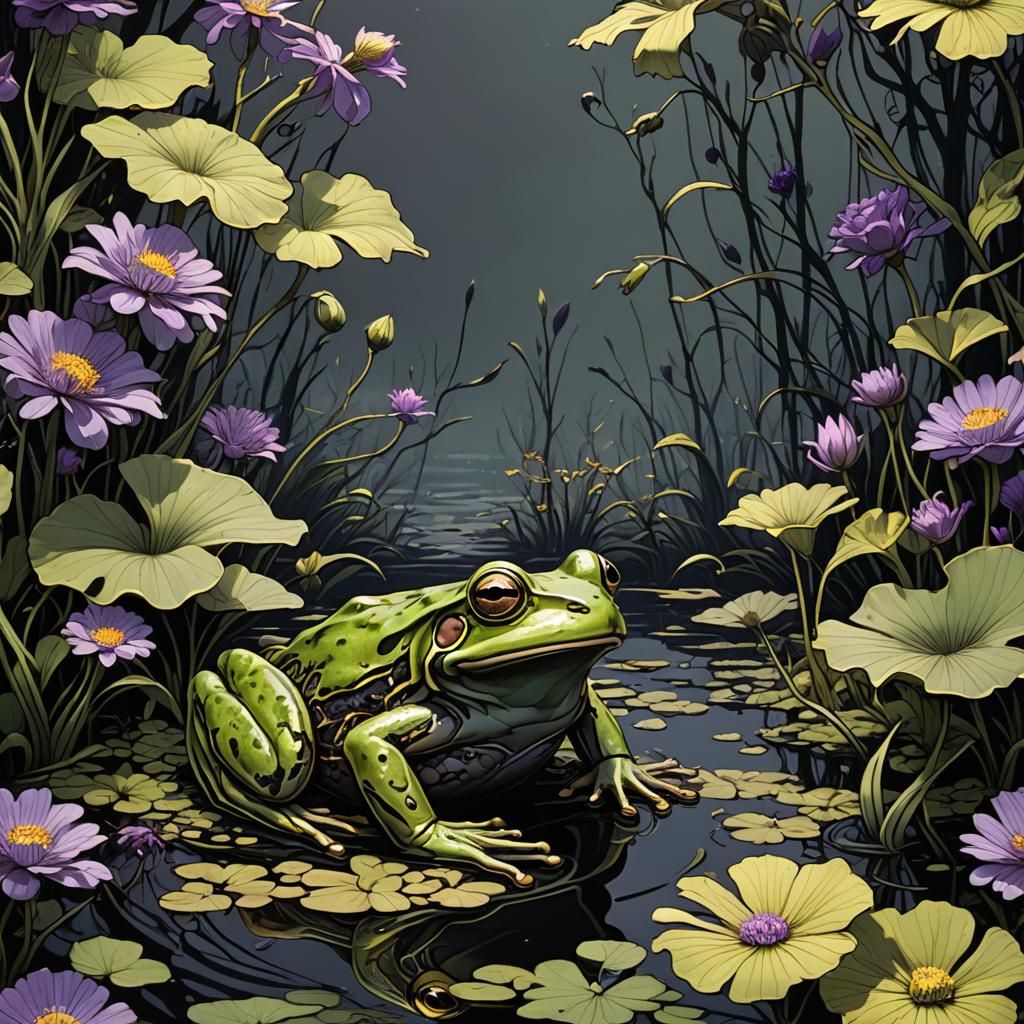 Green Frog in Black Pond: A Dark Fantasy Art Nouveau Scene