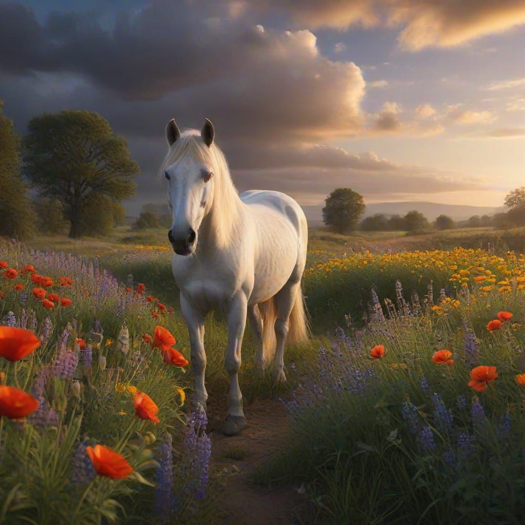 Serene Summer Countryside Landscape with Horses in Golden Ho...