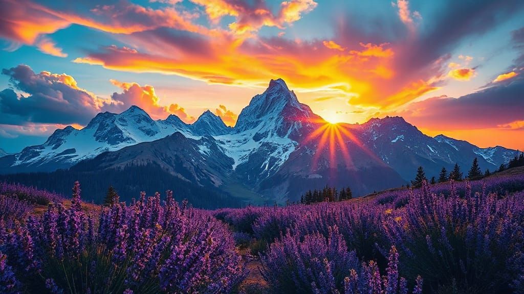 Epic Fantasy Mountain Landscape at Sunset