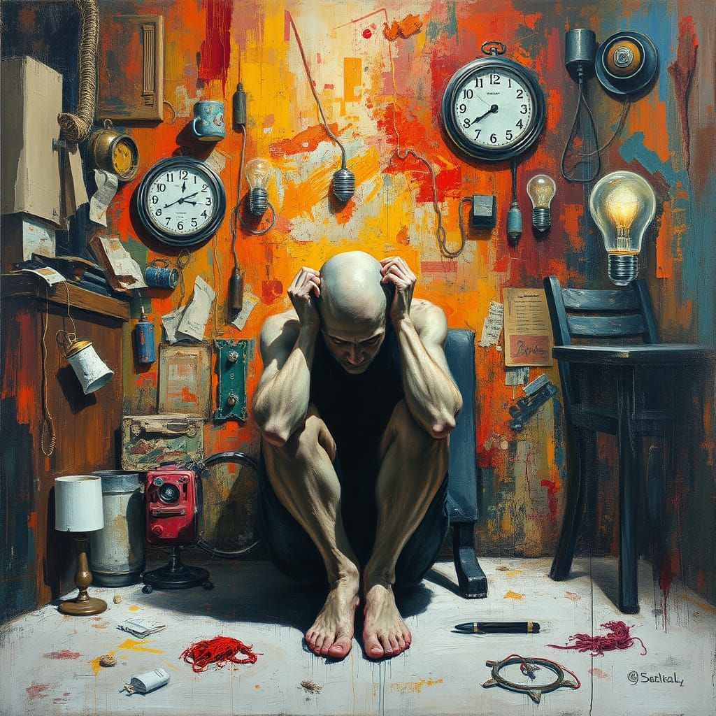 Chaotic Mindscape: Solitary Figure in Raw Oil Painting Style