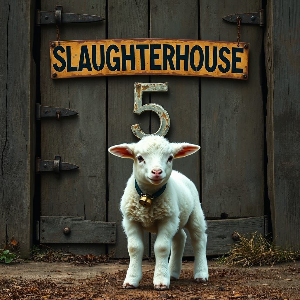 Lamb at Slaughterhouse Door: Hyperrealistic Dystopian Art
