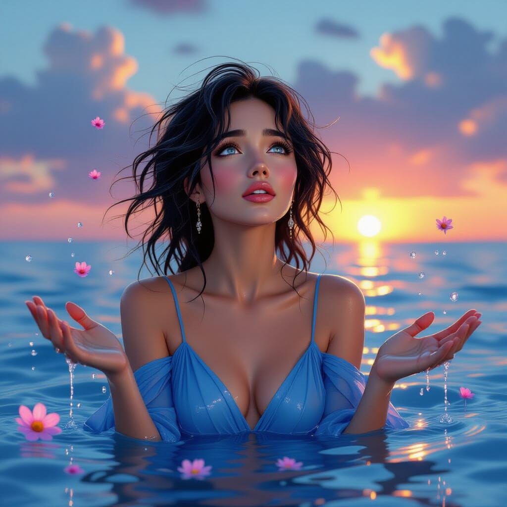 Distressed Woman in Blue Dress at Sunset