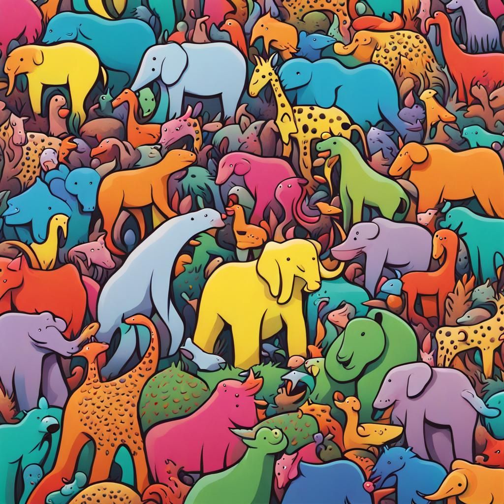 Colorful Abstract Zoo Animals in Cartoon Surrealism