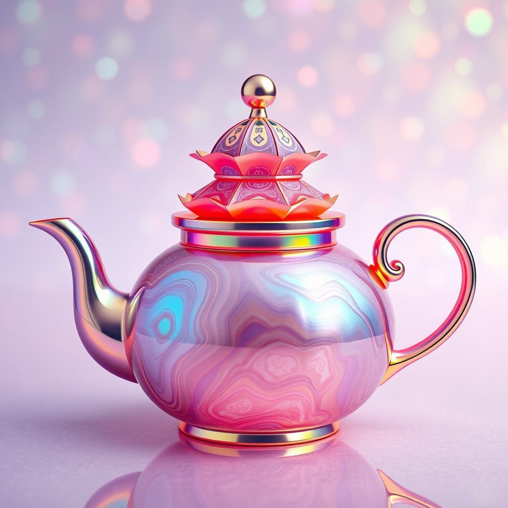 Surreal Teapot in Ethereal, Iridescent Hues with Swirling Ag...