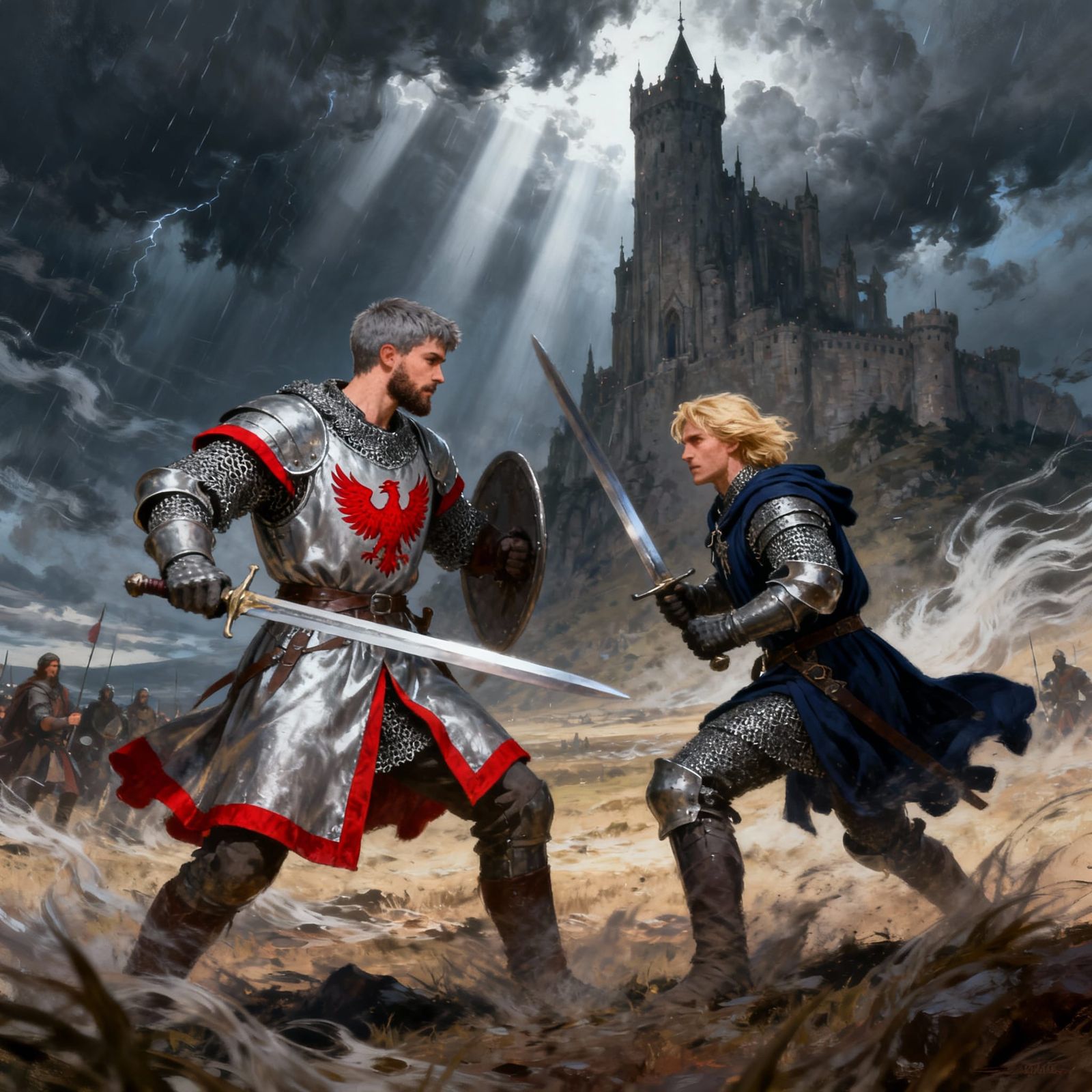 Epic Knight Duel on Windswept Battlefield