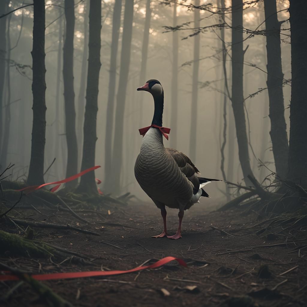 Goose in Misty Forest: Cinematic Film Still