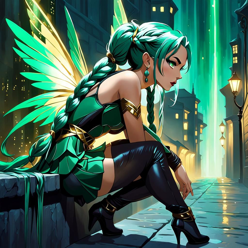 Fey Rogue in Cityscape, Film Noir Style