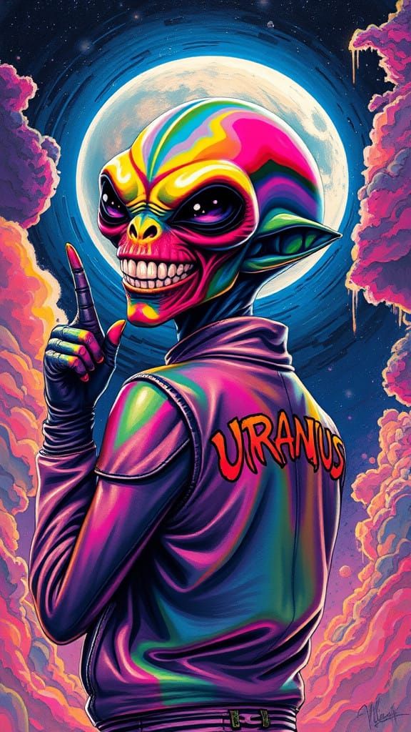 Vibrant Alien Points to Uranus in Psychedelic Cosmic Scene