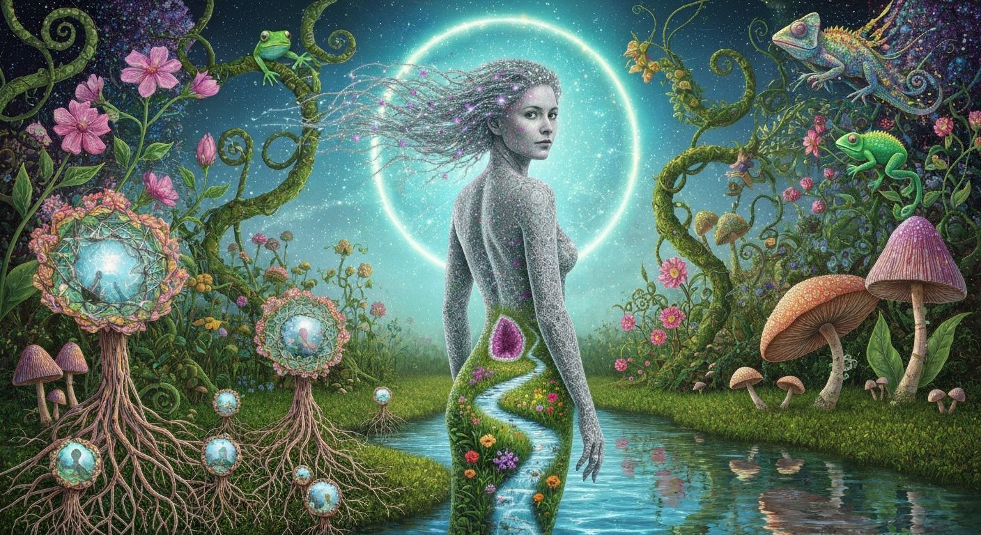 Woman Merging with Cosmic Garden in Psychedelic Eco-Art Styl...