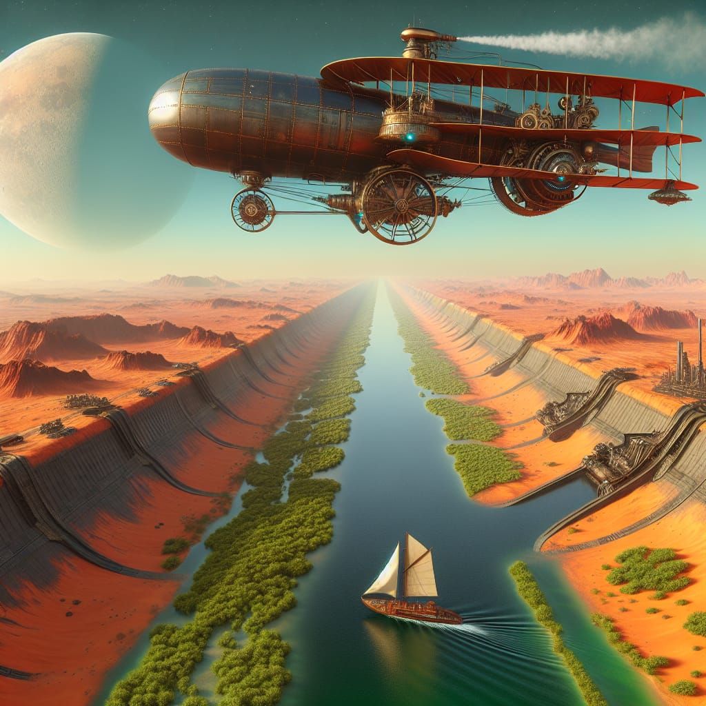 Victorian-Style Steampunk Warship Soars Above Mars-Like Dese...