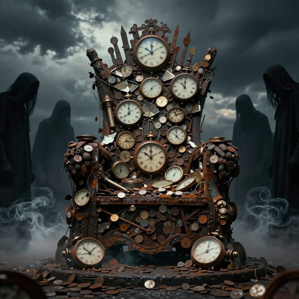 Massive Throne of Clocks and Coins Amidst Shadowy Figures