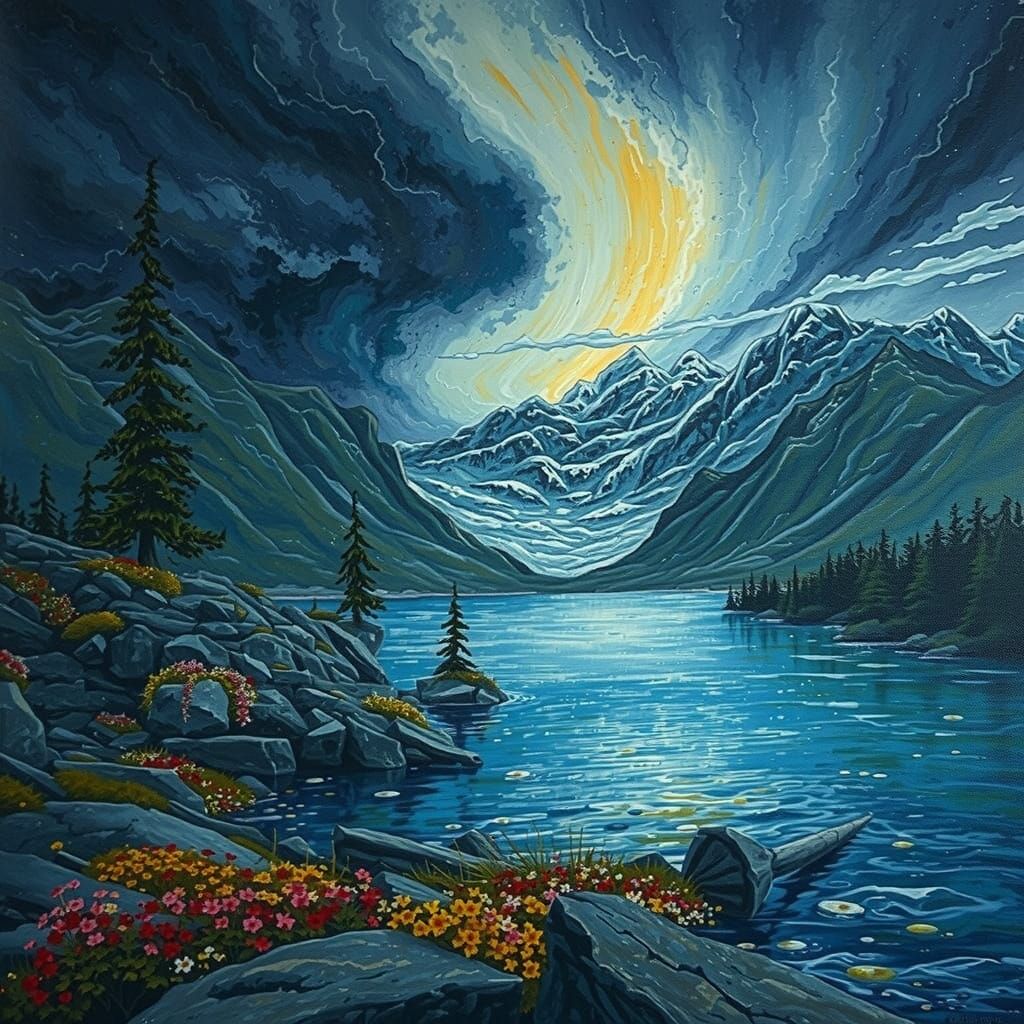 Expressionist Mountain Lake in Storm, Vivid Colors