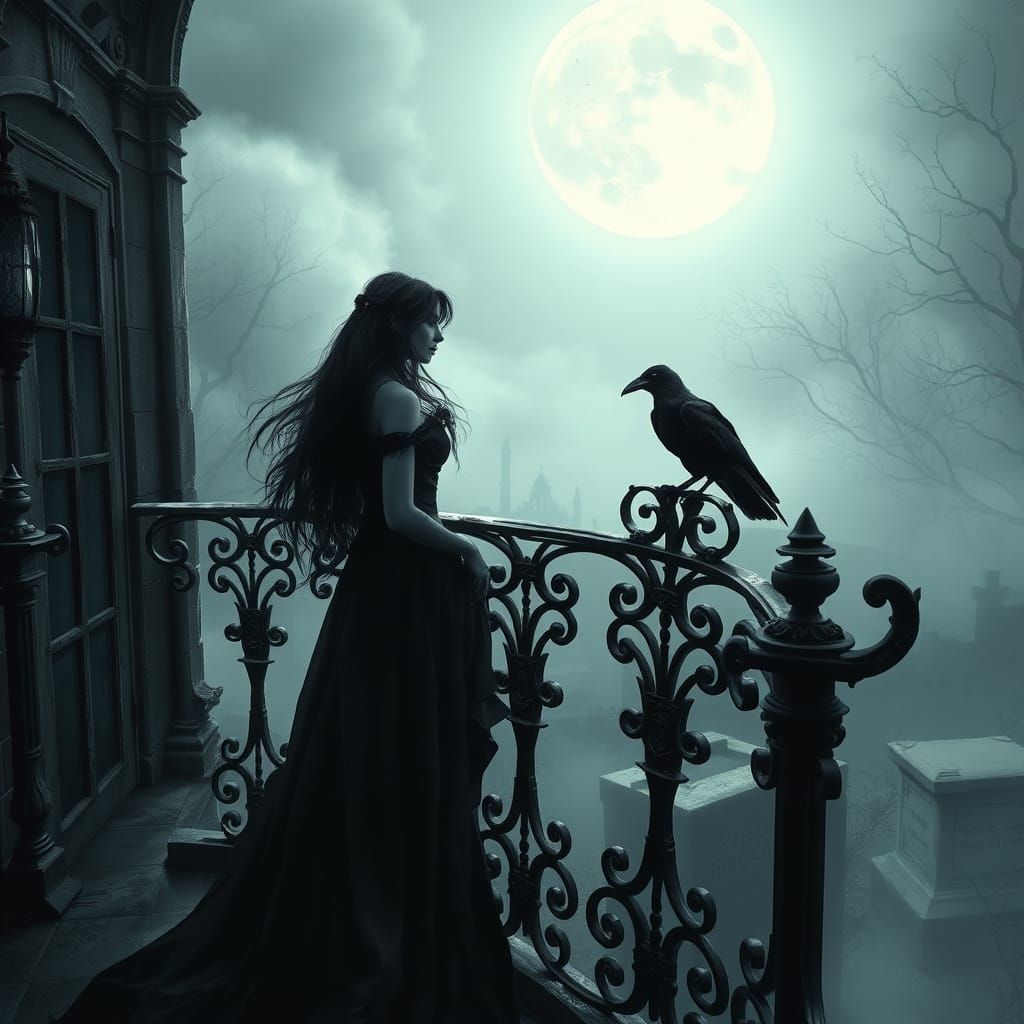 Gothic Romance: Noblewoman & Spectral Raven on Balcony
