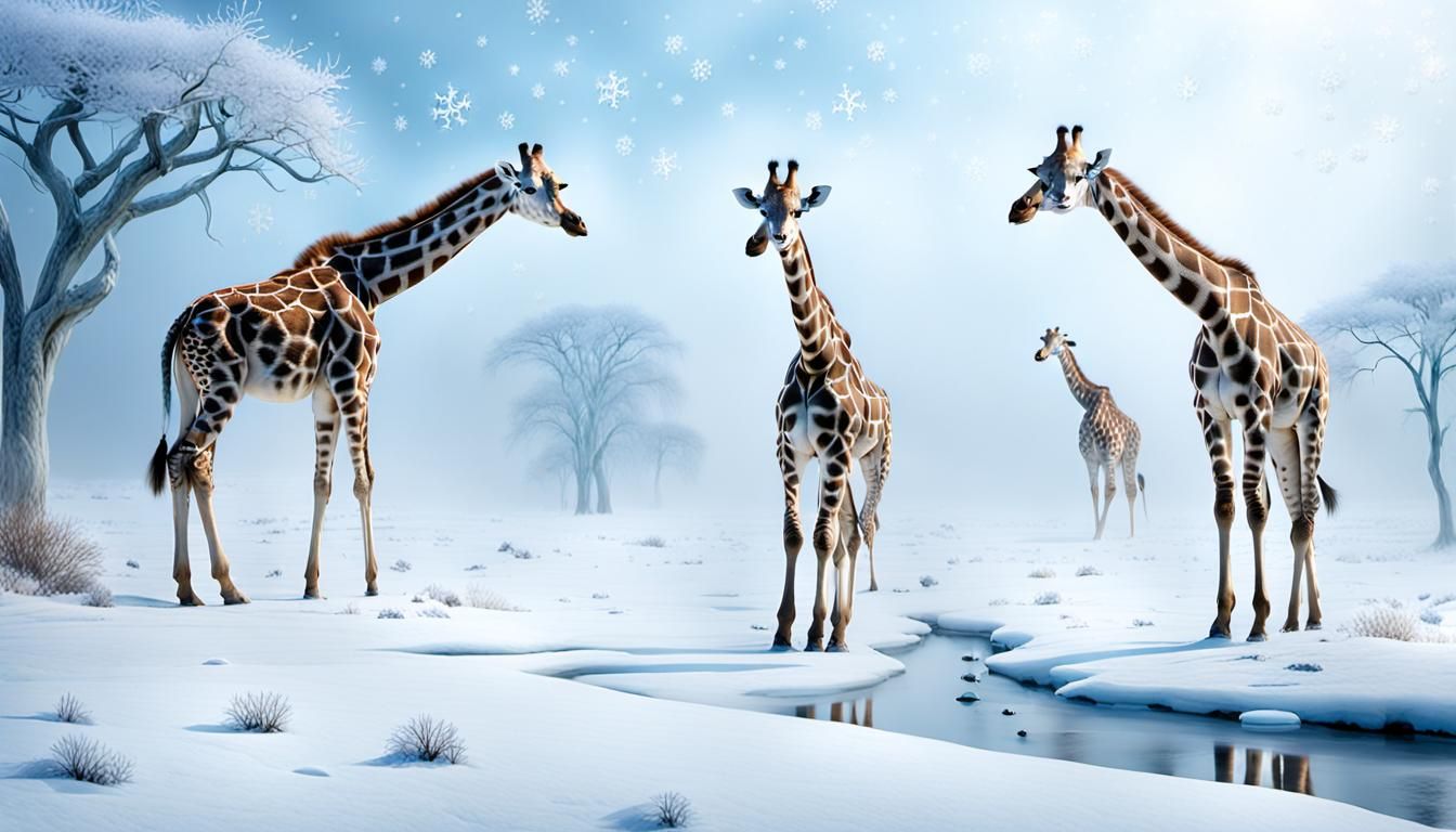Surreal Wildlife Landscapes: Giraffes in Frosty Serenity