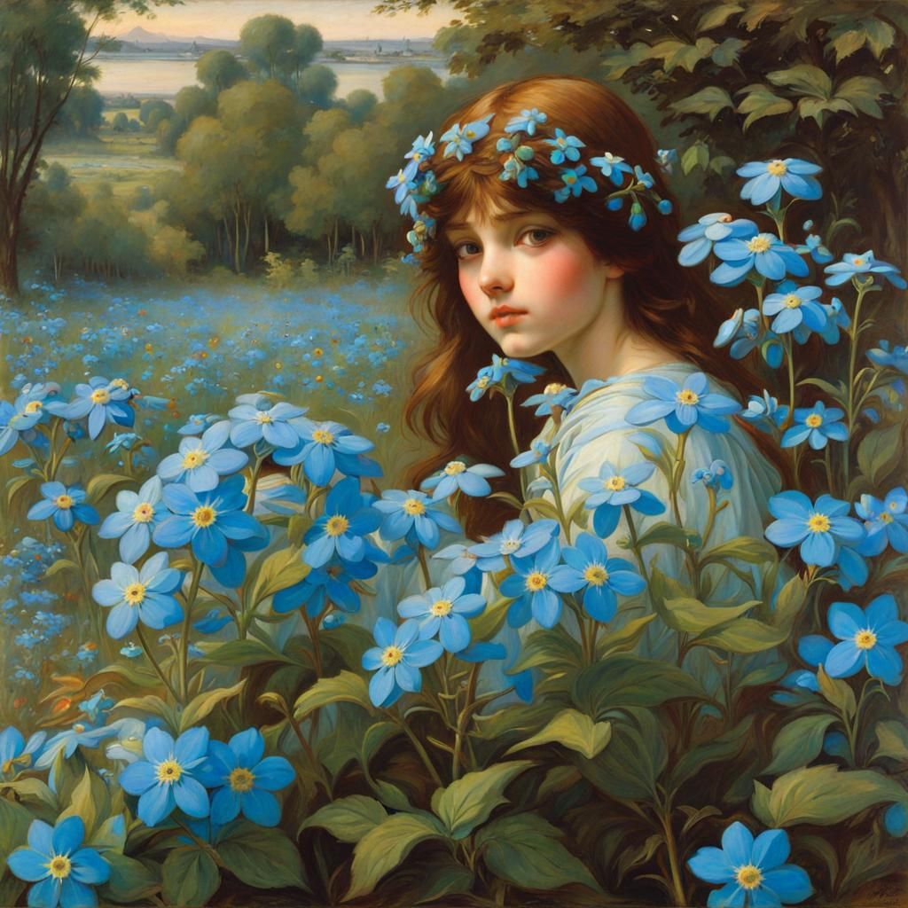 Forget-me-nots in Whimsical Waterhouse-Inspired Style