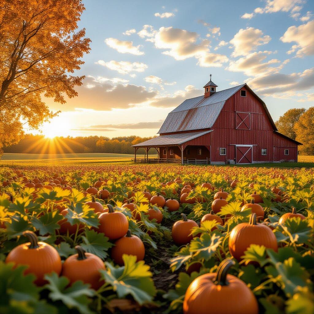 Sun-Drenched Farmhouse and Pumpkin Patch at Golden Hour