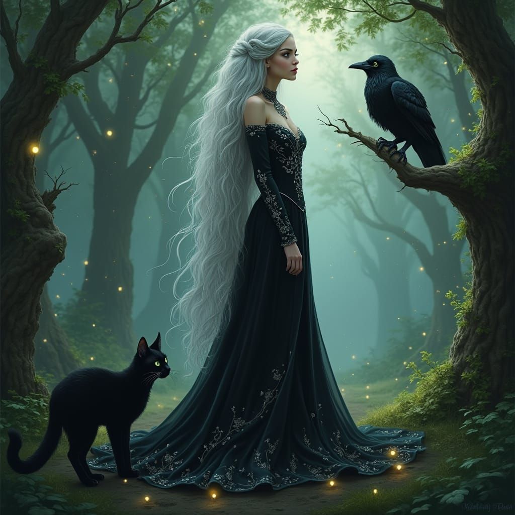 Enchanted Baba Yaga in Whimsical Forest Landscape