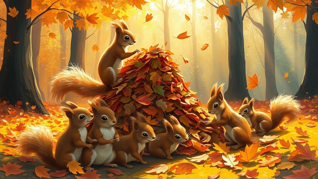 Squirrels Gather Leaves in Van Gogh Style Forest