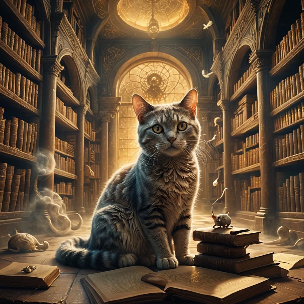 Ghostly Cat and Mouse in Mystical Library