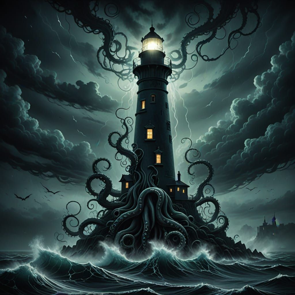 Lighthouse on Giant Octopus in Dark Fantasy Art
