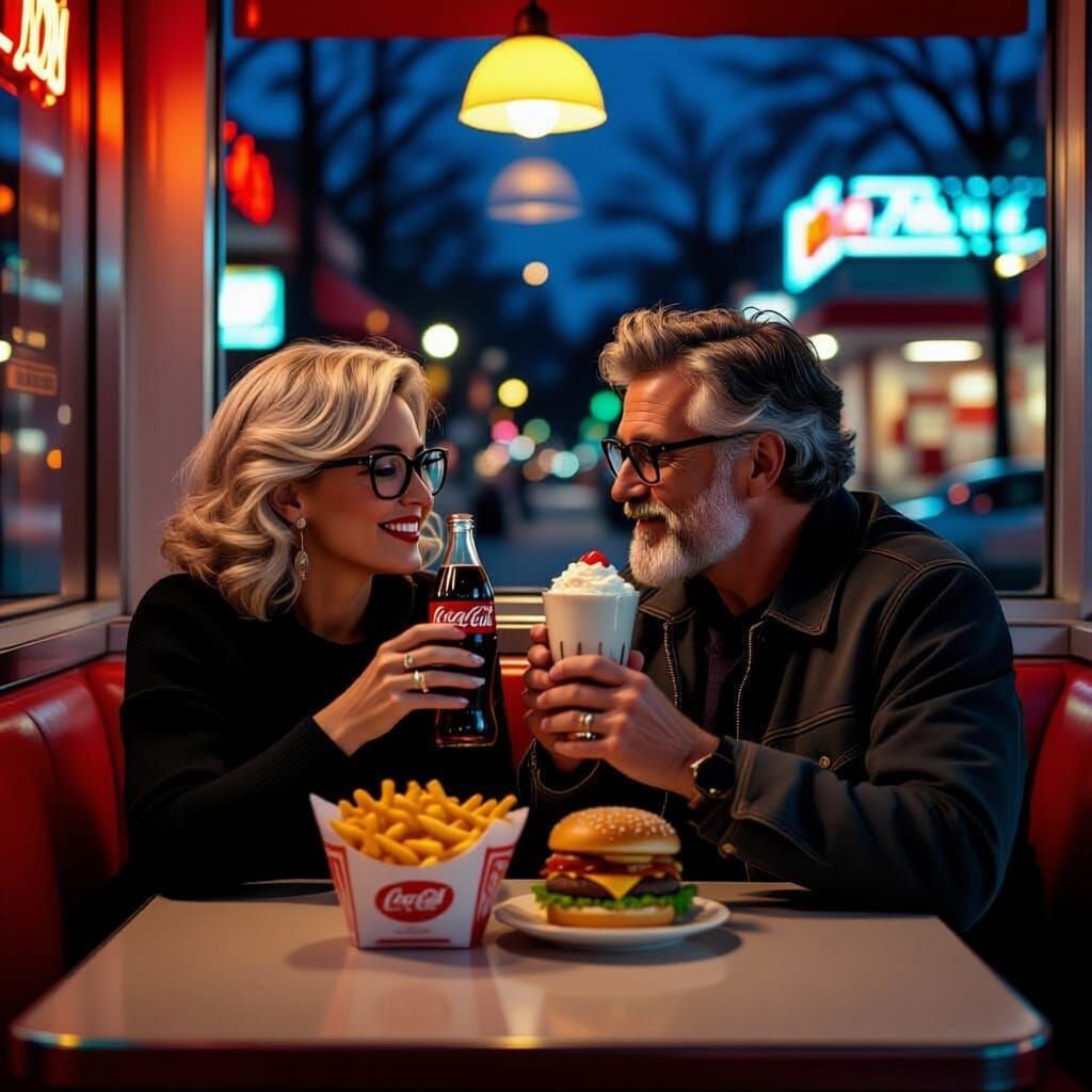 Couple Enjoys Vintage Fast Food Under Moonlight