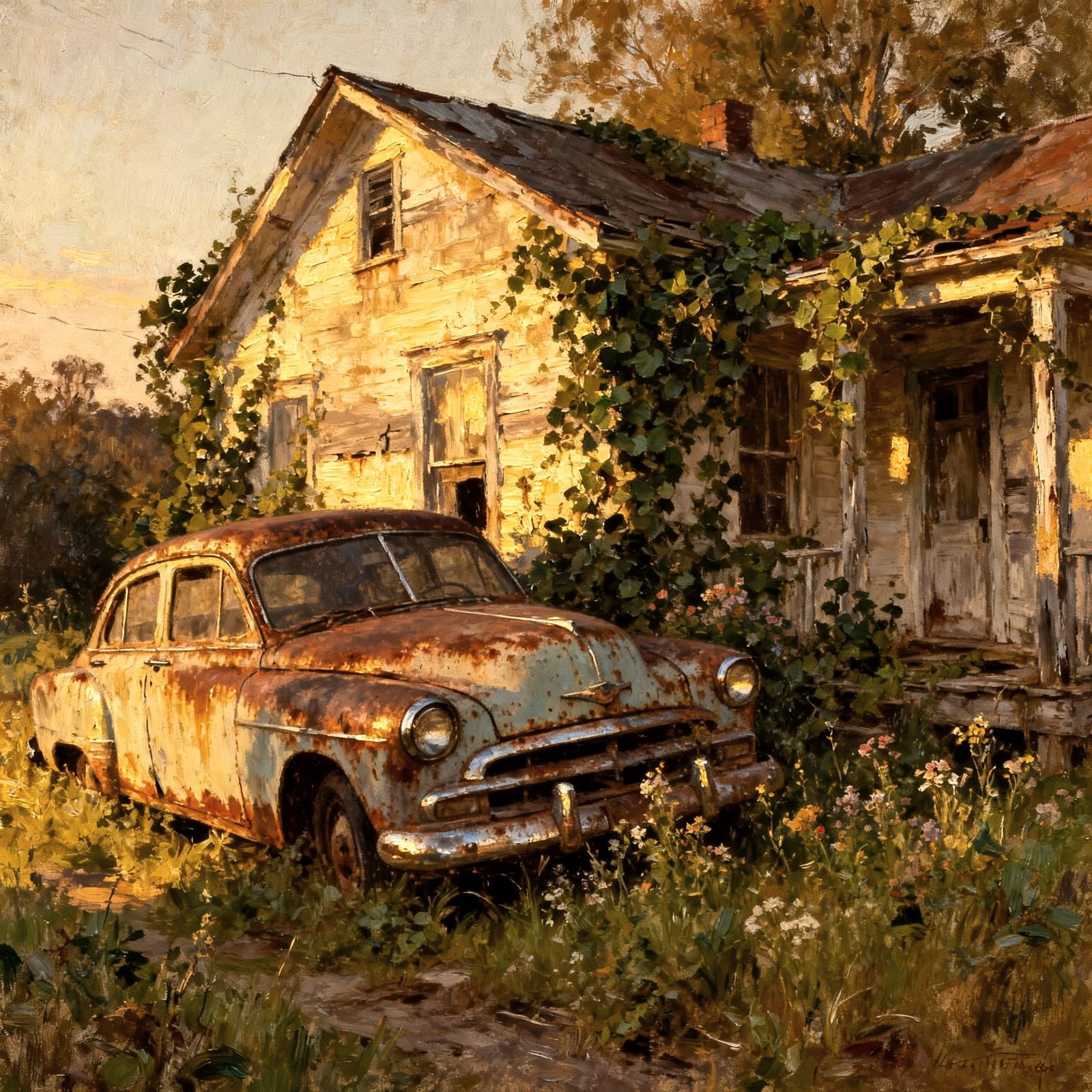 Country House and Vintage Car in Romantic Ruin