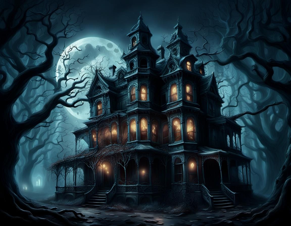 Victorian Haunted House with Ghosts in Fantasy Style
