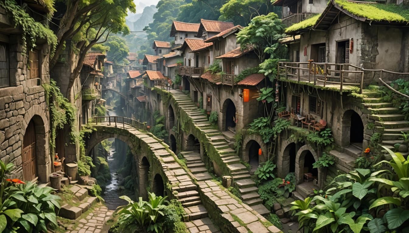 Lush Jungle Civilization with Stone Bridges