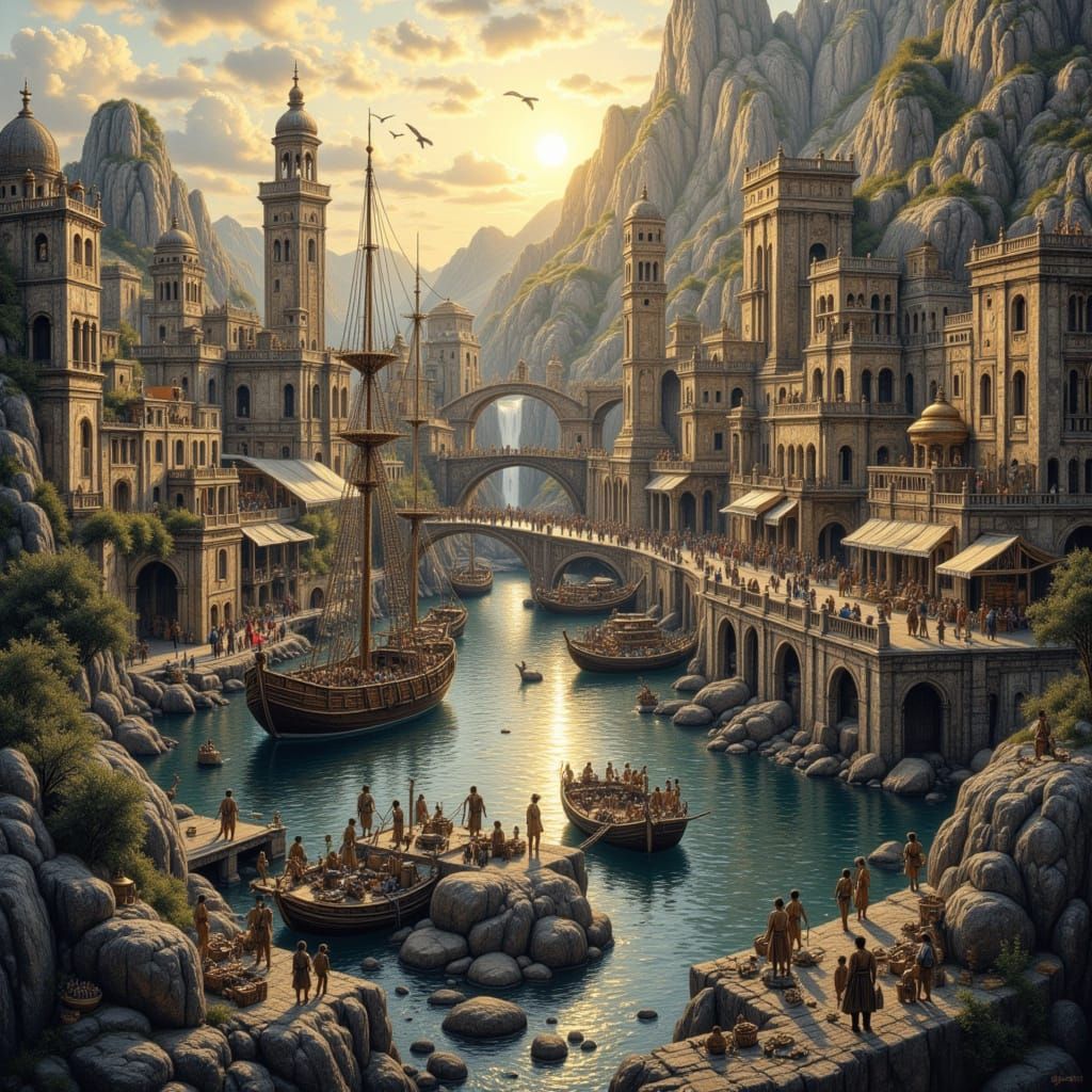 Ancient Harbor at Sunrise in Gritty Realism