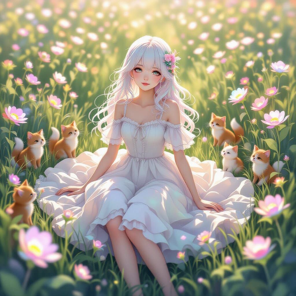 Dreamlike Pastel Portrait with Glowing Companions