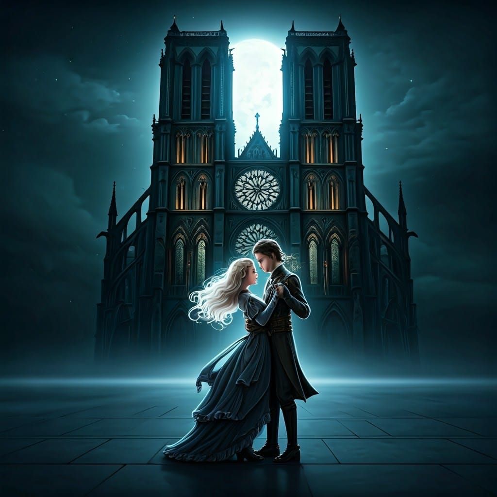 Steampunk Couple Dancing Under Gothic Cathedral