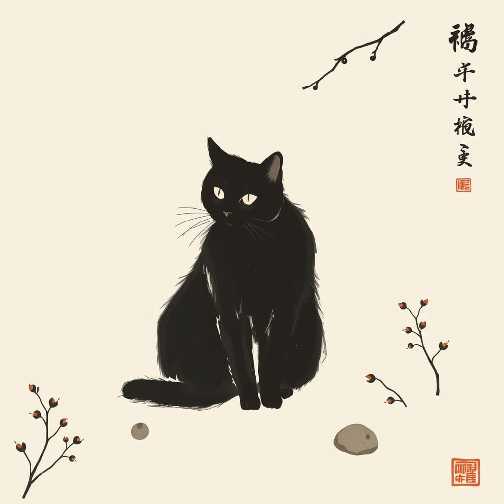 Elegant Chinese-Inspired Cat in Minimalist Ink Drawing