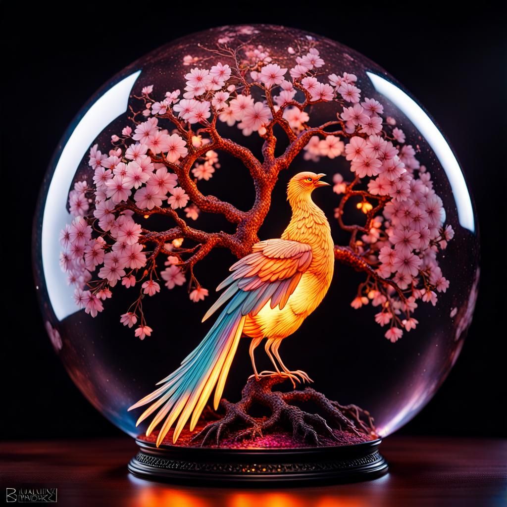 Phoenix and Cherry Blossom in Steampunk Dome