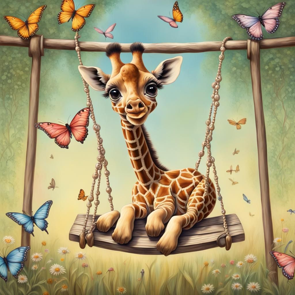 Whimsical Baby Giraffe on a Daisy Swing