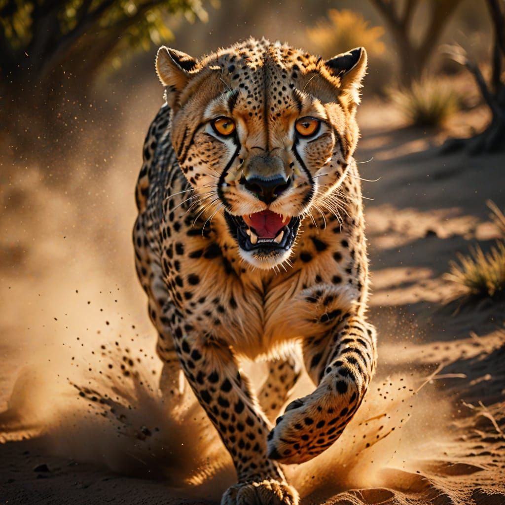 Cheetah Running Full Speed in Golden Light