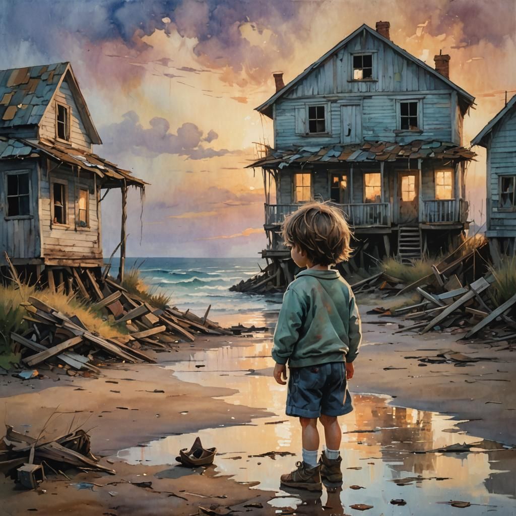 Child's Sorrowful Gaze at Twilight: Impressionist Painting