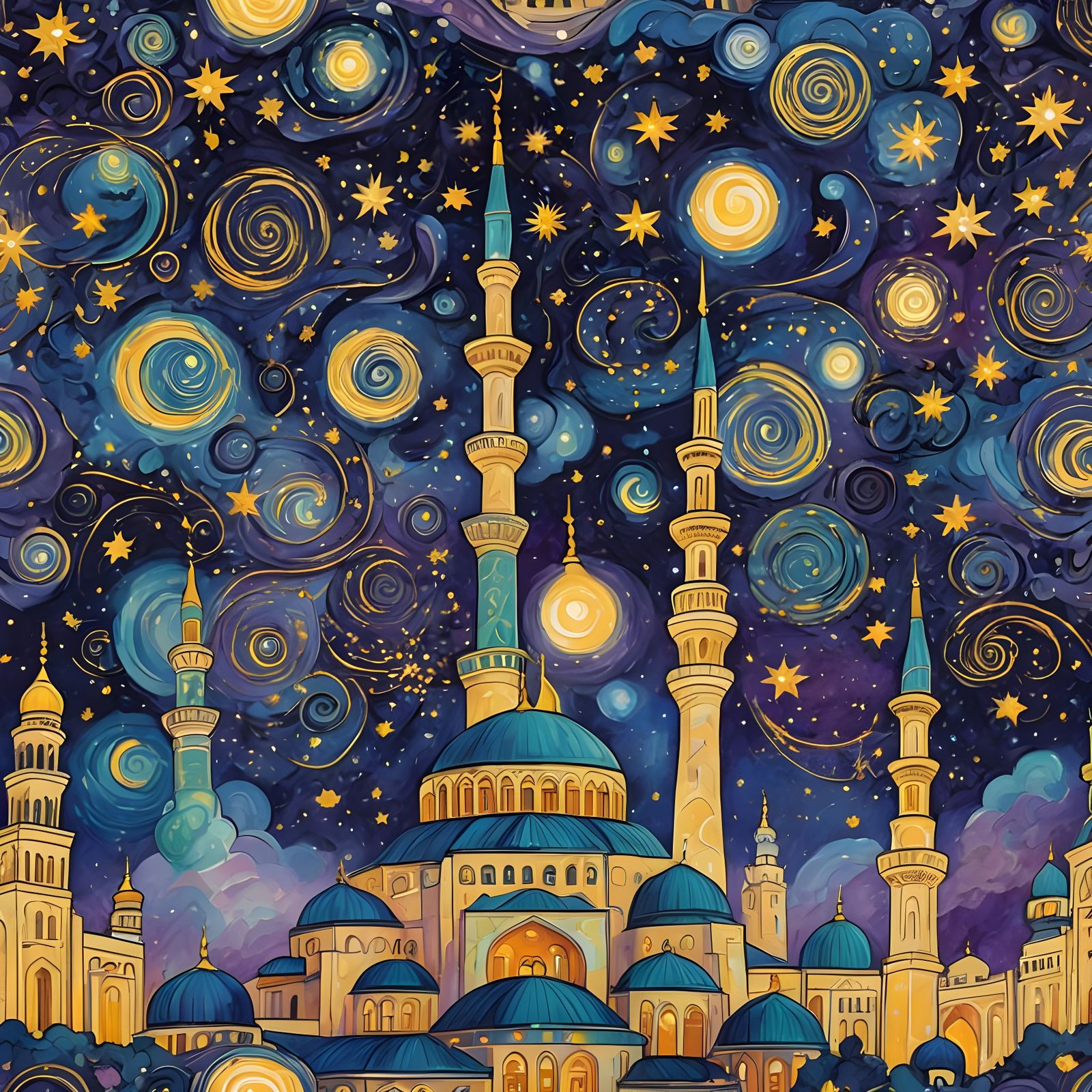 Mosque Under Swirling Starry Night Sky