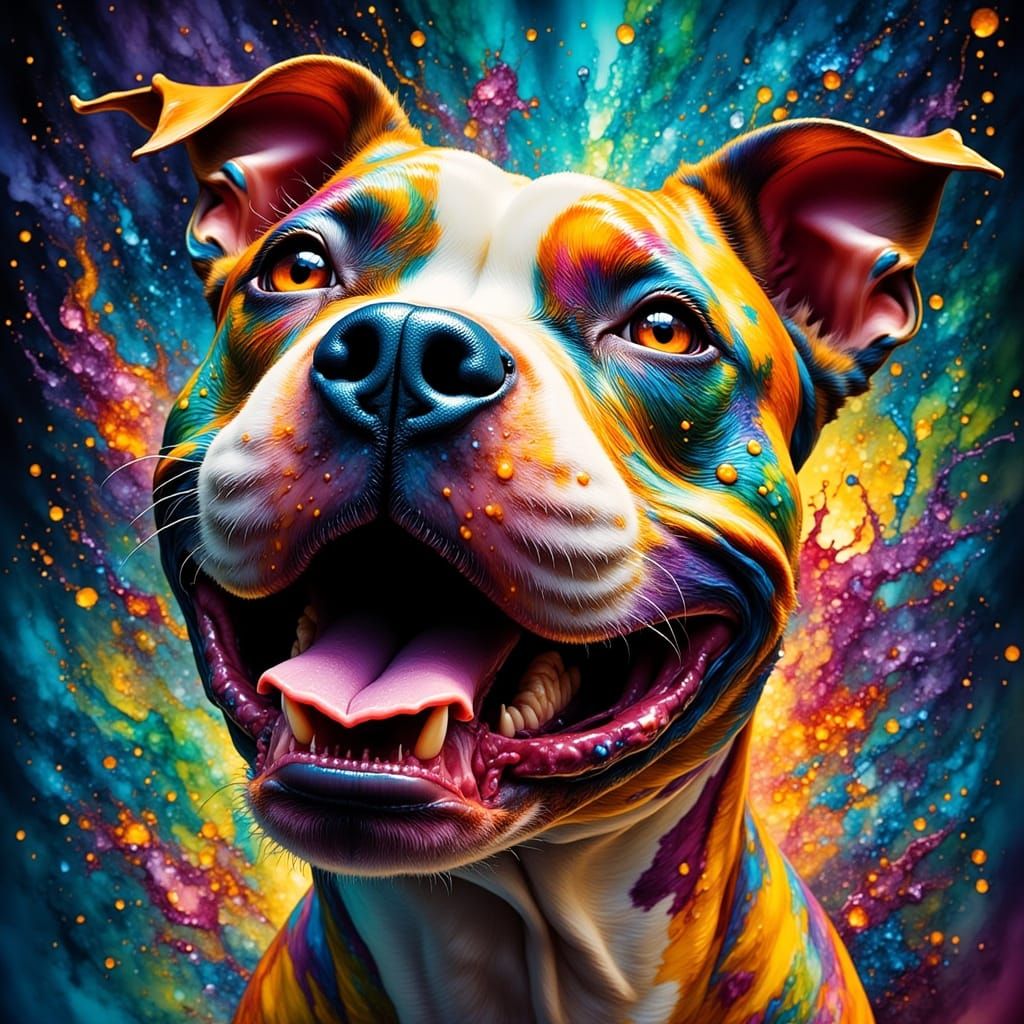 Happy Staffordshire Bull Terrier Covered in Bright Splattere...