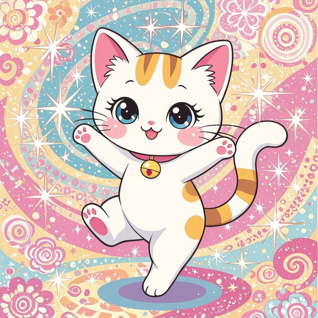 Kawaii Cat Twirling Sparkles in Manga Anime Style