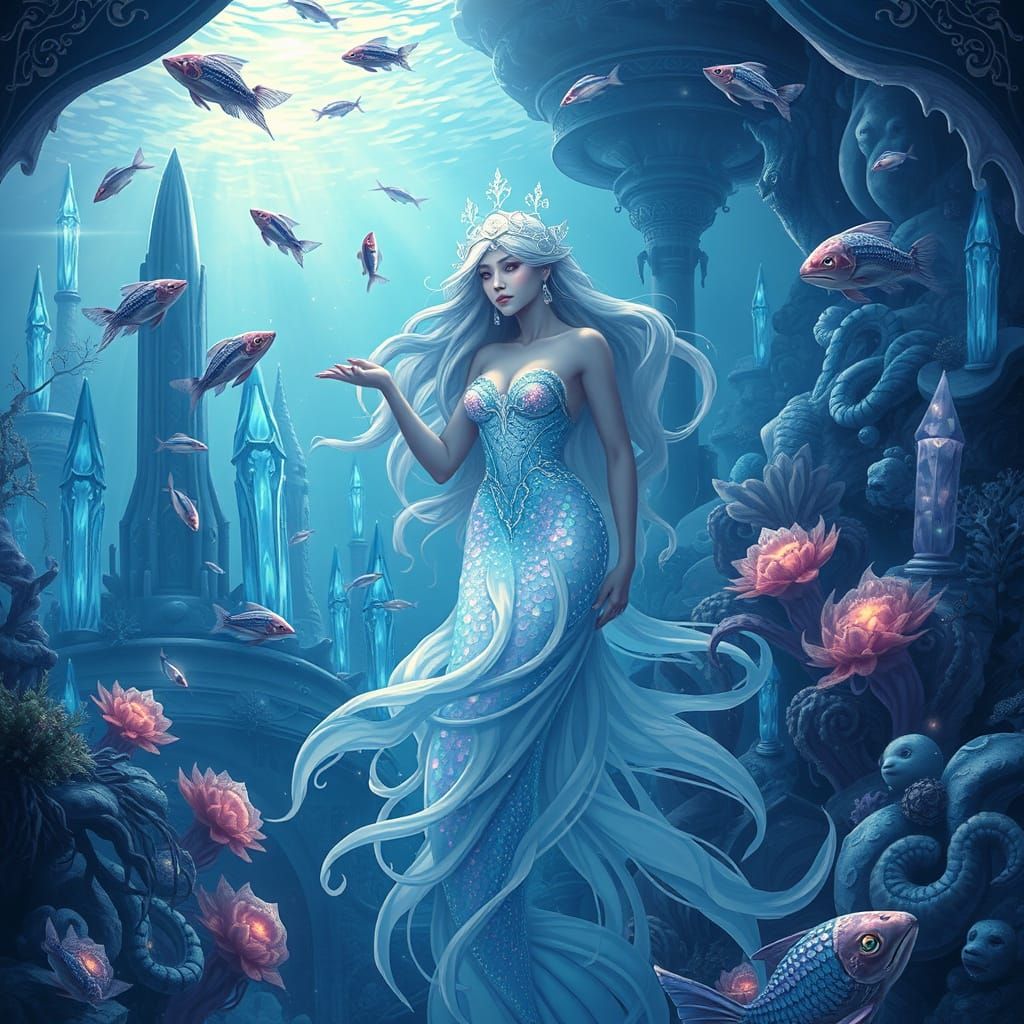 Opalescent Mermaid Queen in Underwater Palace