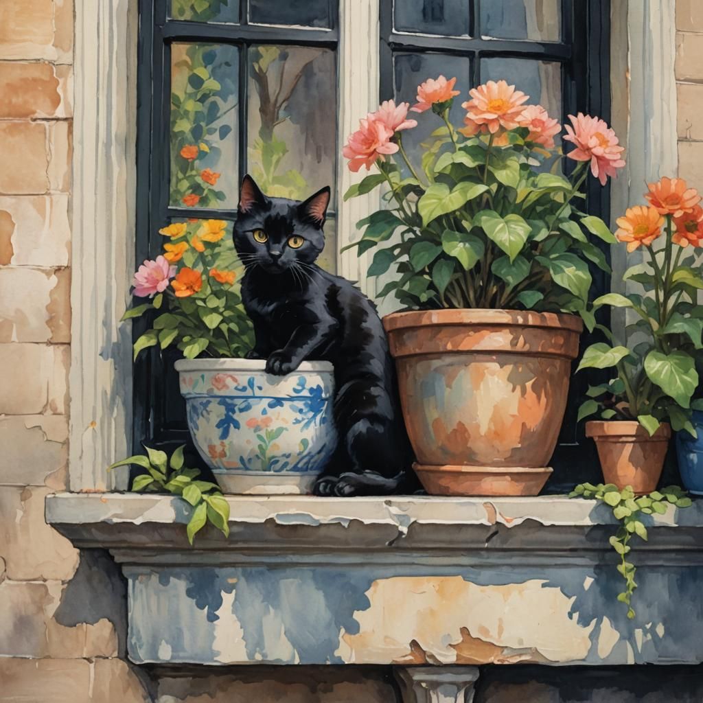 Black Cat Mischief in Gouache Impressionist Style