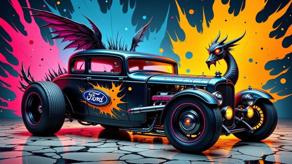 Abstract Ford Coupe with Wings and Fangs