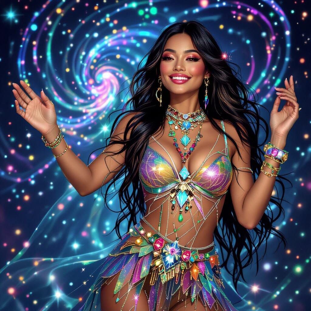 Celestial Woman in Iridescent Gown with Flowing Stardust