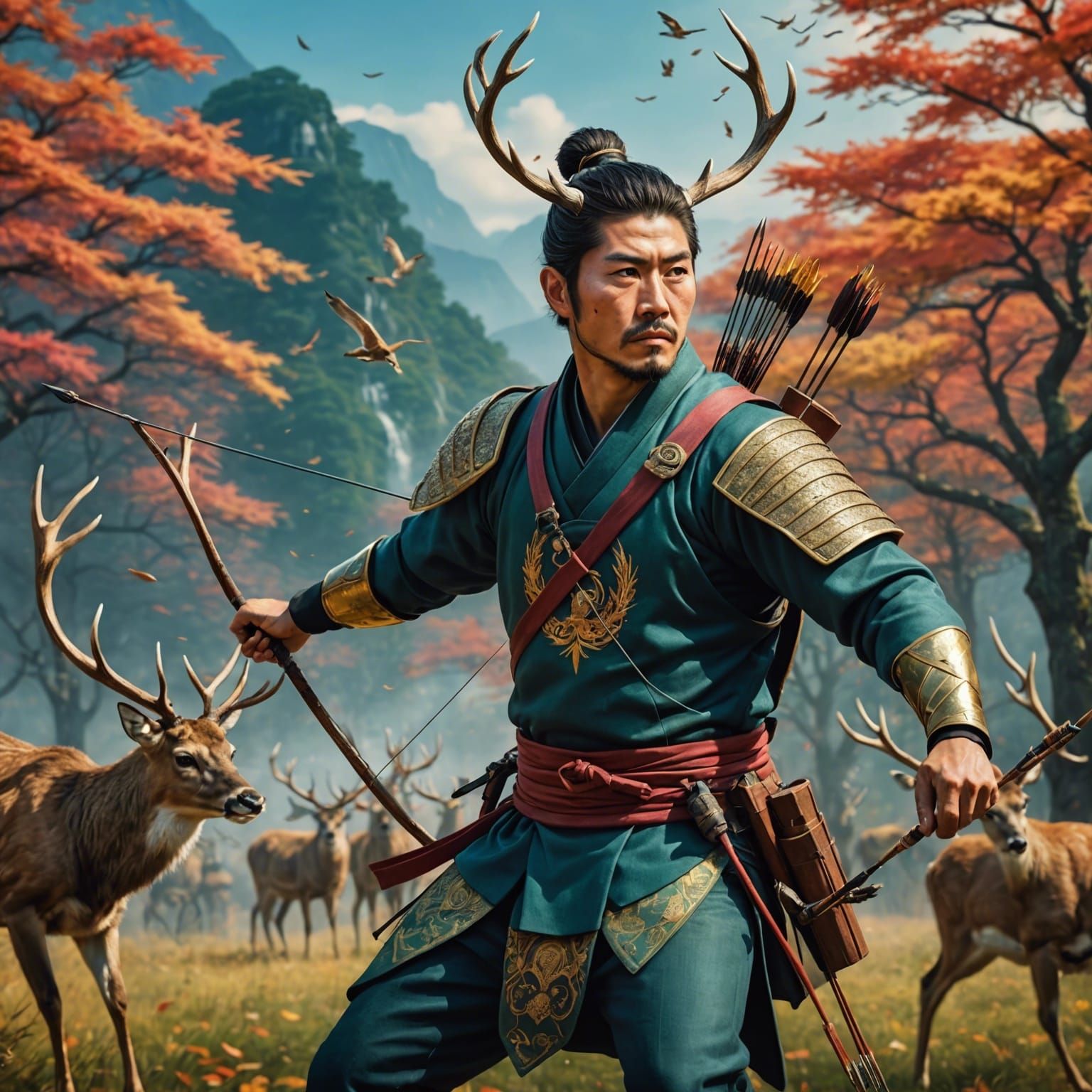 Japanese Archer Hunting Deer: Hyperrealistic Splash Art
