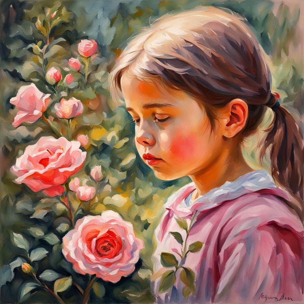 Girl and Rose: an Impressionist Gouache Painting
