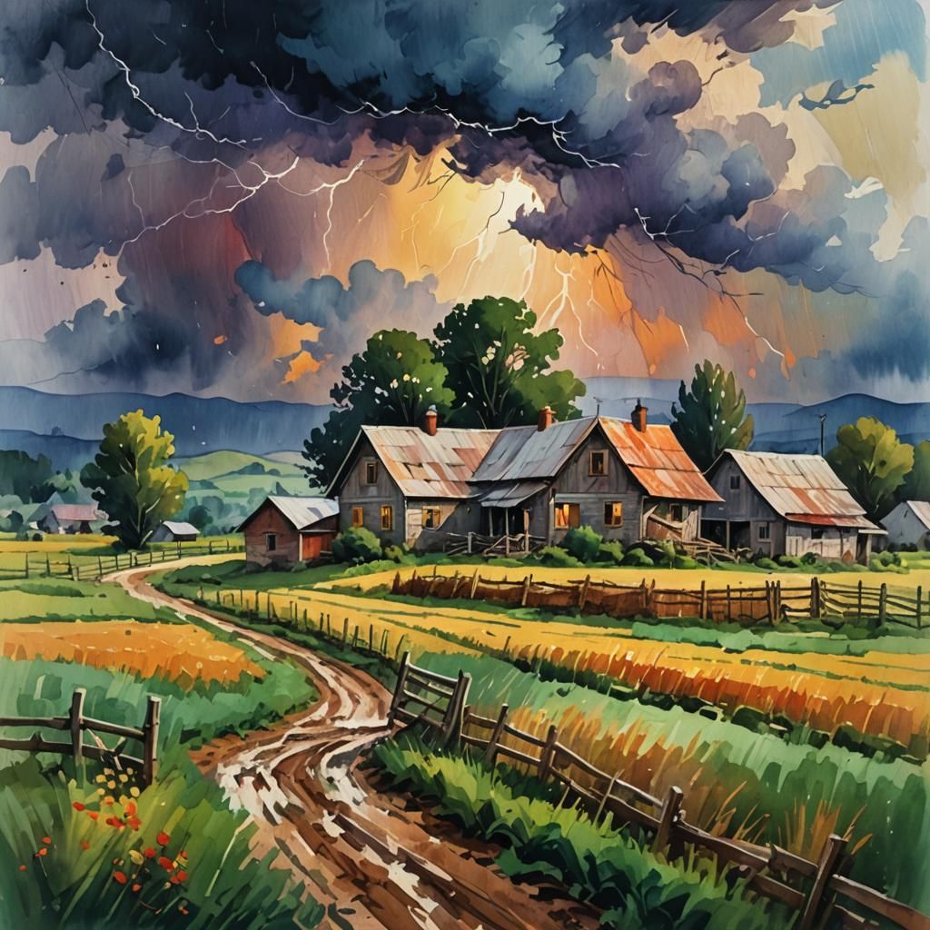 Farmhouse in a Gouache Style Lightning Storm