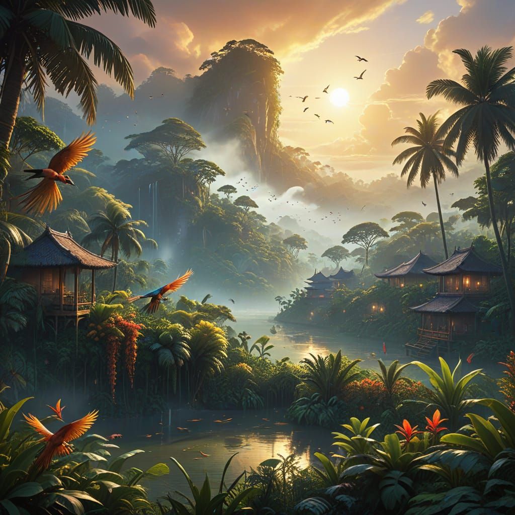 Indonesian Village Amidst Lush Flora and Exotic Birds