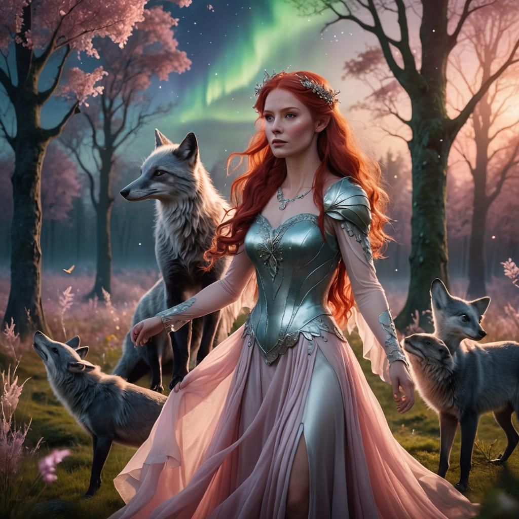 Red-Haired Fairy and Silver Fox Under Aurora