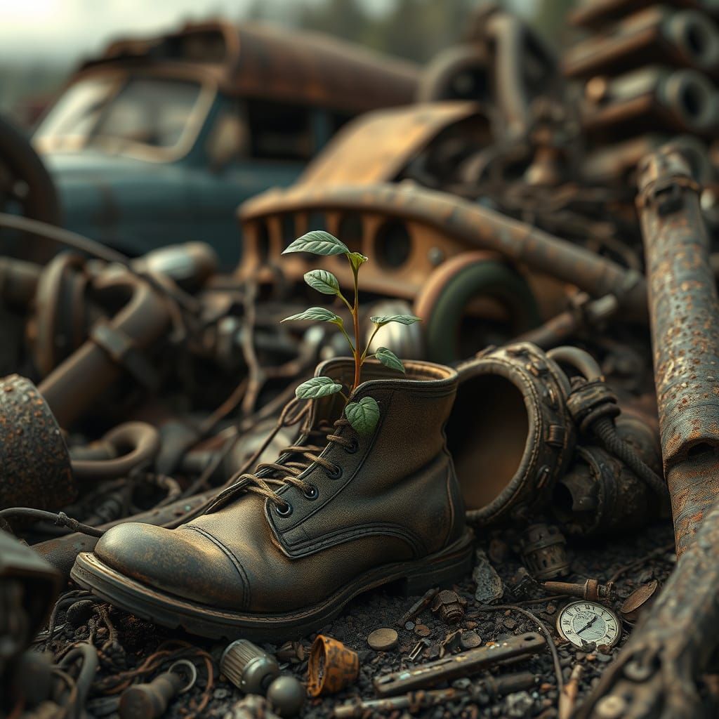 Plant Sprouts in Junkyard Boot: Matte Painting Style