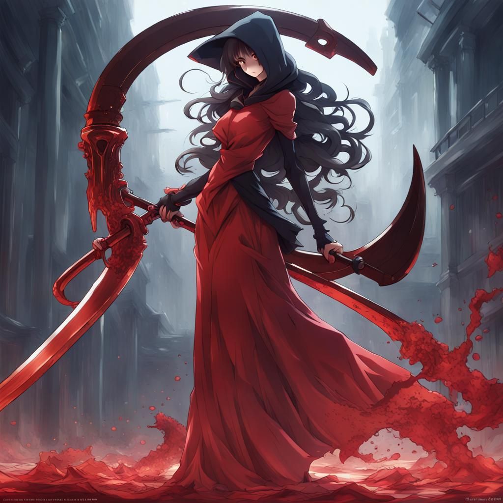 Anime-Style Female Grim Reaper in Red